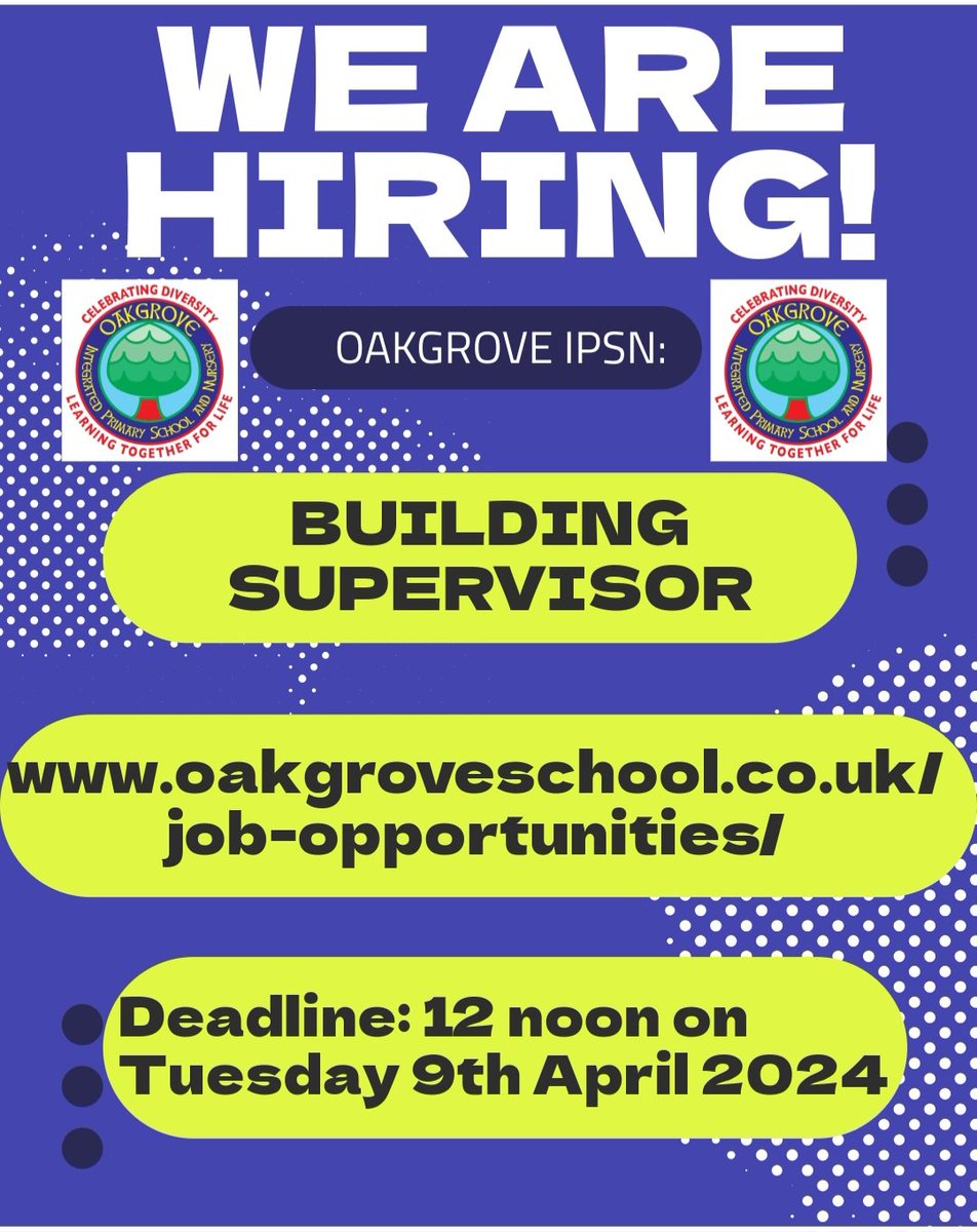 Building Supervisor required at Oakgrove IPSN.
Apply by 12noon on Tuesday 9th April 2024.
Full details available at oakgroveschool.co.uk/job-opportunit…