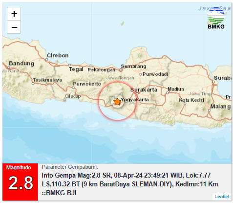 bmkgjogja's tweet photo. Info Gempa Mag:2.8, 08-Apr-24 23:49:21 WIB, Lok:7.77 LS,110.32 BT (9 km BaratDaya SLEMAN-DIY), Kedlmn:11 Km ::BMKG-BJI https://t.co/Egrjg0ZLS0