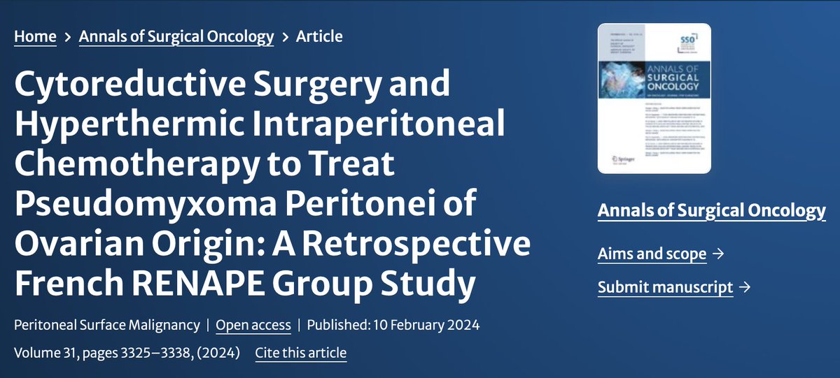 🚨@AnnSurgOncol ❗️primary therapeutic strategy using complete CRS/HIPEC (n=15) in ovarian pseudomyxoma peritonei led to favorable long-term outcomes🇫🇷 Full text👇🏽link.springer.com/article/10.124… Author Reflections👇🏽 link.springer.com/article/10.124… @leitaomd @OncoAlert @gyncsm @GynMe4 @PSOGI_EC