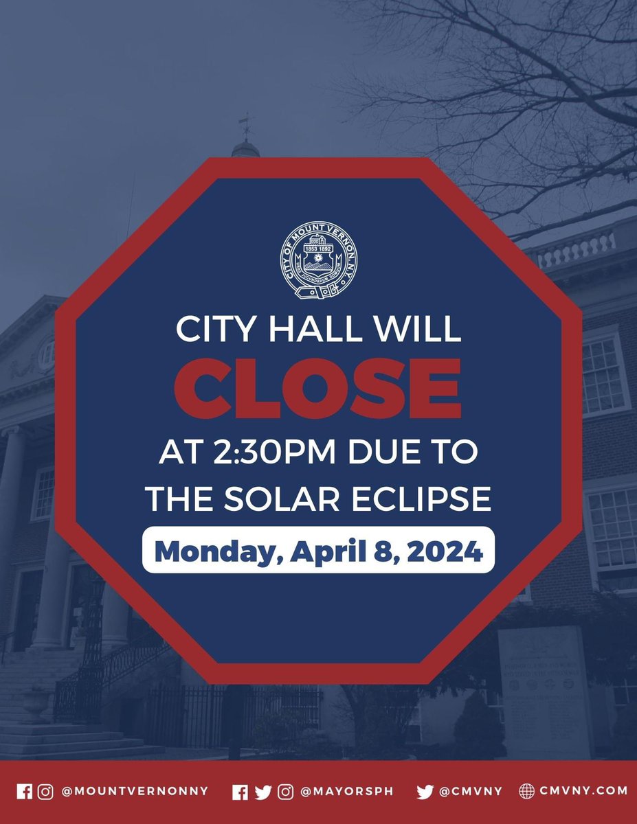 City Hall will close at 2:30 pm today due to the Solar Eclipse. We urge all residents to prioritize their safety by ensuring they use certified solar viewing glasses or approved filters when observing the eclipse to prevent any risk of eye damage. #CMVNY #TheJewelofWestchester