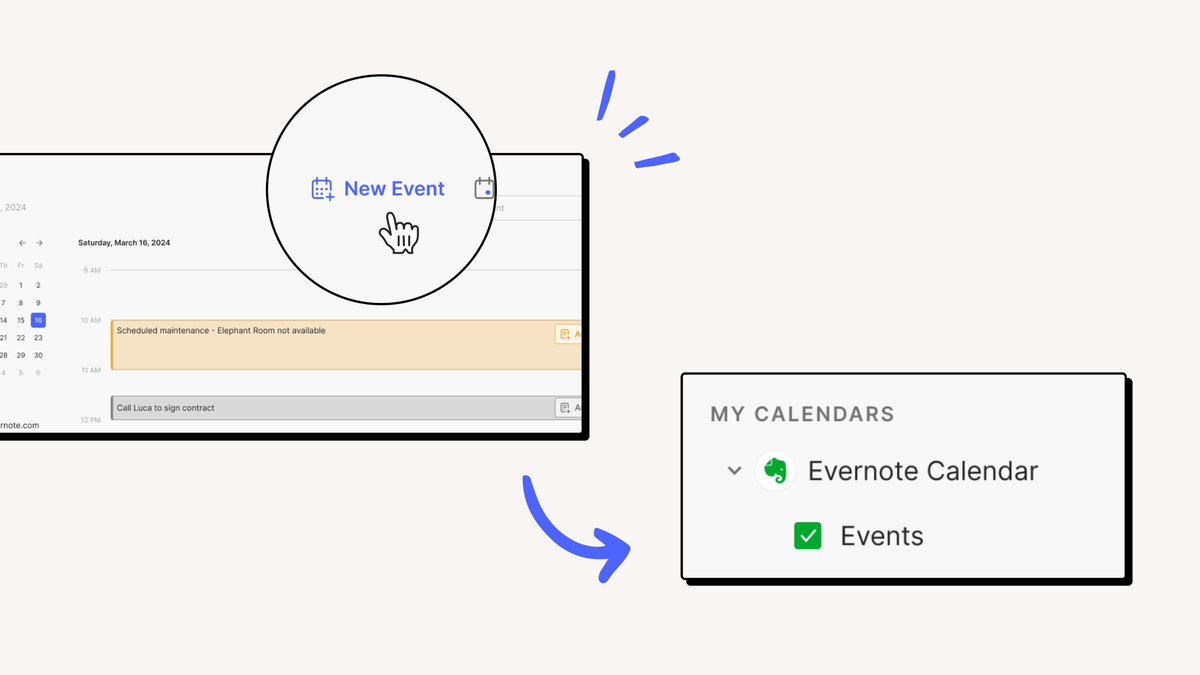 🐘📅 Create calendar events on Evernote We are testing this new button in the Calendar section that allows you to create a new event. Until now Evernote could only mirror an external calendar account, but it was basically read-only. No more read-only calendars!