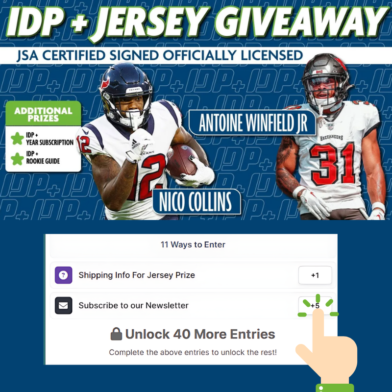 🚨Did you know there are 11 FREE ways to enter our giveaway?

Or that you could get up to 40 entries? 📢

Click this link 👇👇👇
idpguys.org/draft-giveaway/
👆👆👆

Signed Antoine Winfield Jr Jersey
Signed Nico Collins Jersey

#FantasyFootball #FFIDP #DynastyFootball #NFL #Football
