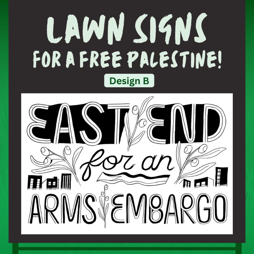 East Enders! East End Acts is selling these lawn signs, designed by the ever-talented @michael_deforge. You can get your own by sending $10 to ko-fi.com/eastendacts ♥️🇵🇸