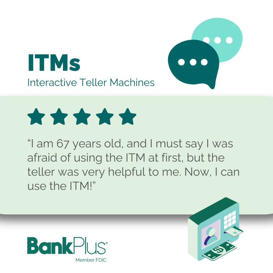 You can talk to a BankPlus banker through a two-way video monitor at any ITM between 7am-7pm, Monday-Friday and 9am to 1pm on Saturdays. See what else you can do at an ITM: bit.ly/3MIX9ZU