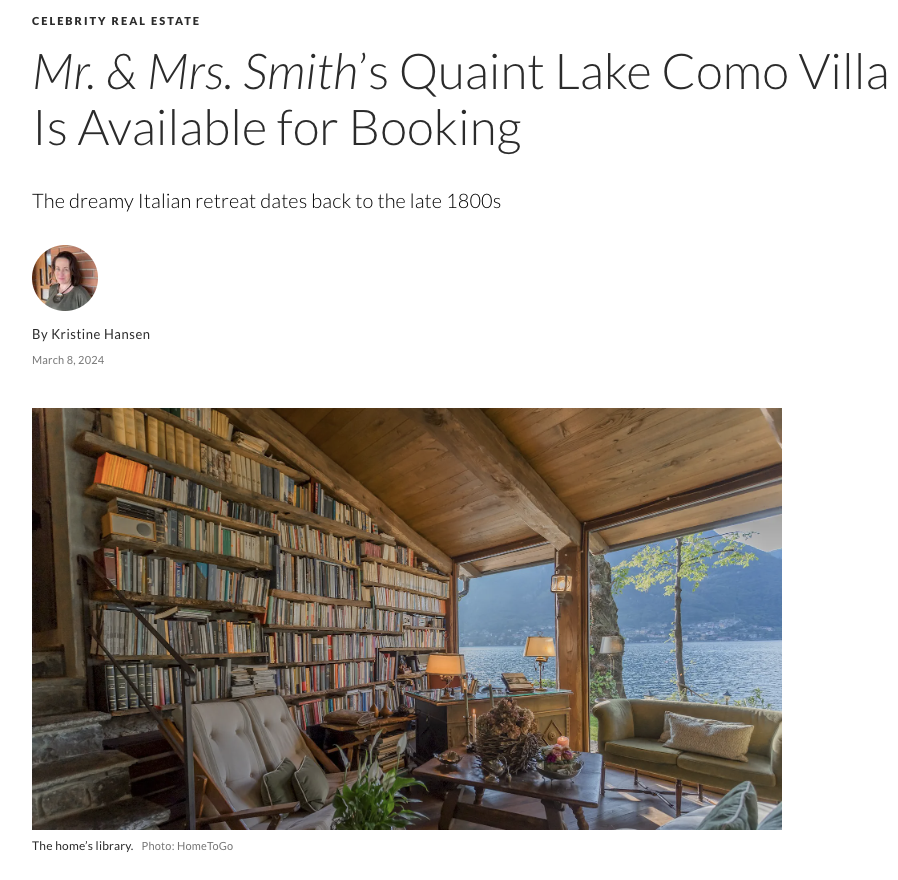 Thank you <a href="/ArchDigest/">Architectural Digest</a> for spotlighting the exquisite #LakeComo rental featured in the hit show 'Mr. &amp; Mrs. Smith,' which can now be rented through <a href="/HomeToGo/">HomeToGo</a>. Special thanks to Kristine Hansen for the inclusion! 

Check out the stunning retreat: bit.ly/3PD6QeG