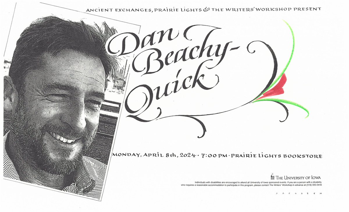 Tonight! April 8 at 7 pm in Prairie Lights bookstore, the Ancient Exchanges speaker series presents poet, translator, and Workshop alum, Dan Beachy-Quick, who will talk about his work events.uiowa.edu/85678