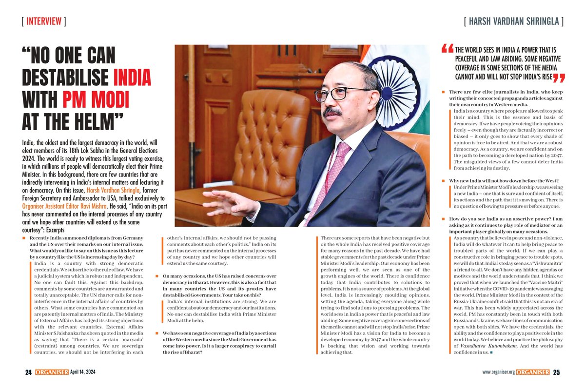 My conversation with Harsh Vardhan Shringla, former Foreign Secretary and Ambassador to USA, on the West's meddling into Bharat’s internal matters, particularly during Lok Sabha elections. “No one can destabilise India with PM Modi at the helm” organiser.org/2024/04/08/231…