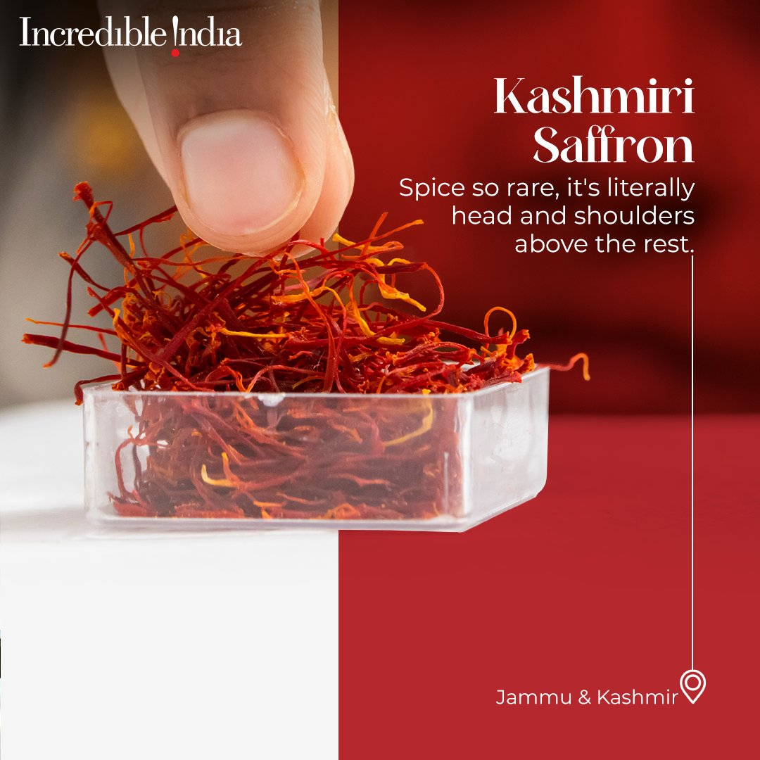 Indiainchile's tweet image. #Quickfact: Kashmiri Saffron is like no other, growing way up high at 1,600-1,800 m above sea level! How many GI-tagged foods have you tried? Share below.   #myincredibleindia #incredibleindia #visitindia #exploreindia #incrediblycurated #Uttarpradesh #kashmirtourism #mizoramfood