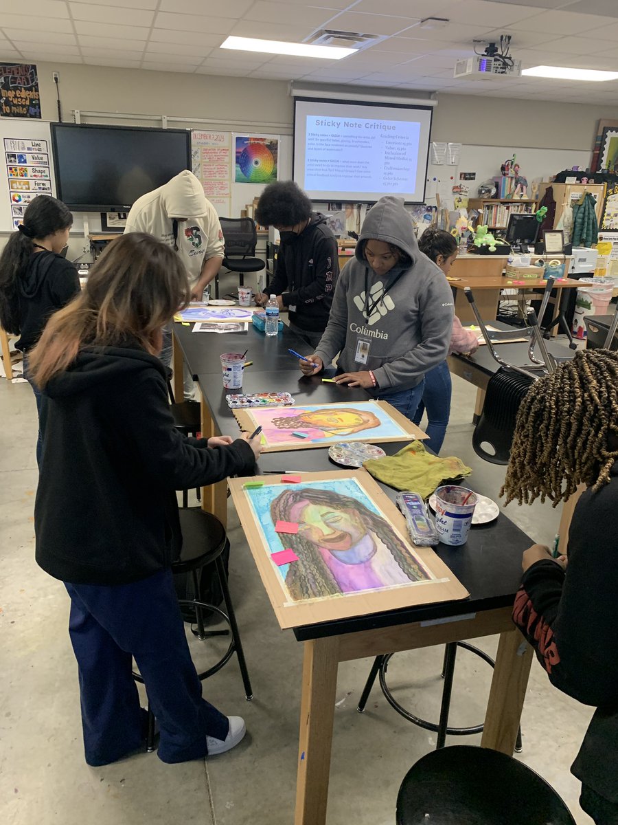 Painting critique - sticky notes with glows/grows as students wrap up adding value via glazing technique. #aldineart #latertweet
