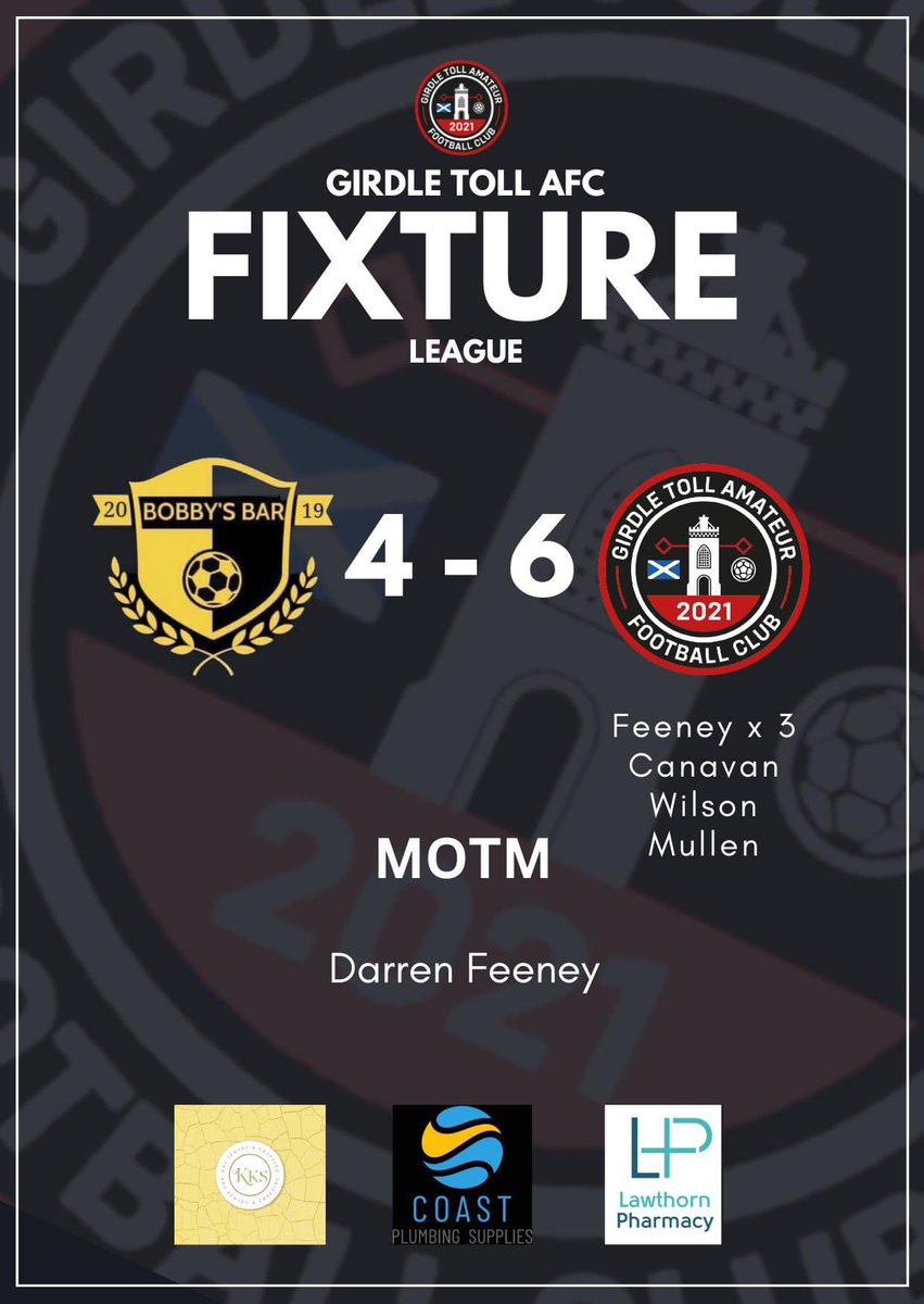 𝙍𝙀𝙎𝙐𝙇𝙏

Our last game of the season in the league saw us take 3 points against Bobbys Bar. A mixed bag of emotions with us being 5-1 up at half time, however a win nonetheless.

We now look forward to our 2 semi finals in the Thistle Steel Cup and the ASAFA Cup.