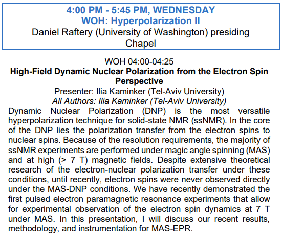 Attending ENC and interested in high field DNP and EPR? 🤔
You might want to listen to Ilia's talk this Wednesday at 04:00 pm, titled:
'High-Field Dynamic Nuclear Polarization from the Electron Spin Perspective' 🧲✨⚛
@ENC_Conf #ENC2024 #NMRChat