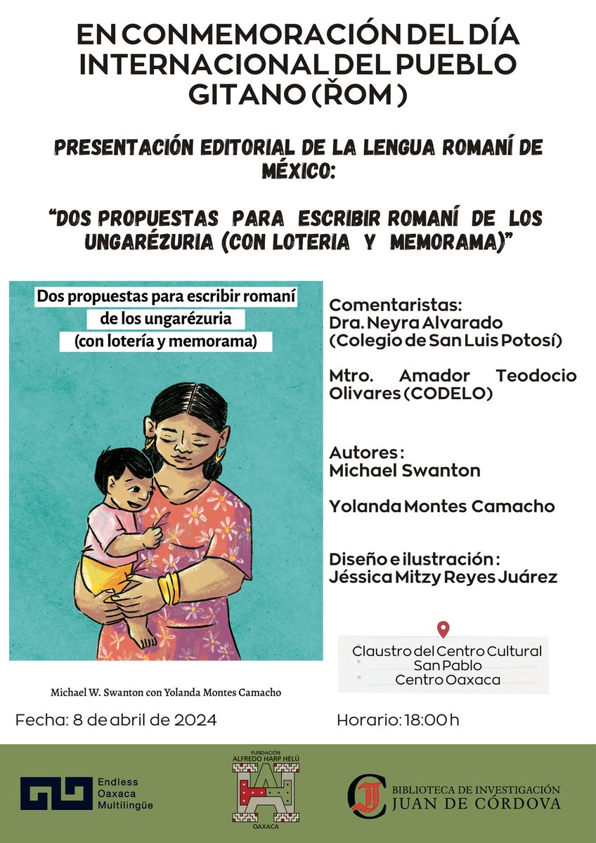 Hoy se celebra el Día internacional del pueblo gitano (řom). Les invitamos a acompañarnos en la presentación editorial de la lengua romaní de México, a las 18 horas en el claustro del @fahho_sanpablo #DíaInternacionaldelPuebloGitano, #gitanos #pueblogitano #řom #BIJC