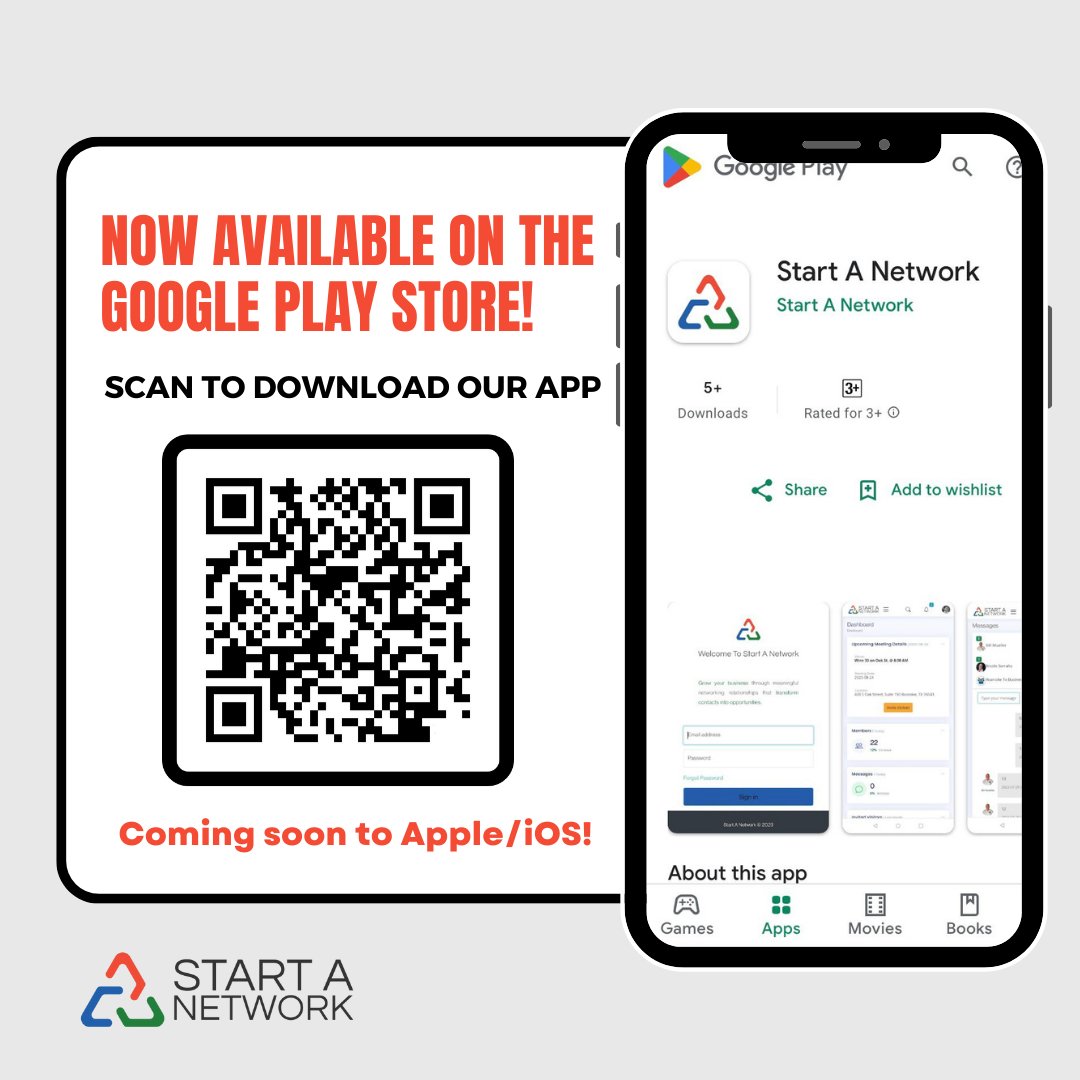 Connect, grow, thrive! Start a Network is now live on Google Play. Scan the QR Code to download and be part of the innovation. 📲✨

Apple/iOS, get ready for the upcoming revolution!

#StartANetwork #BusinessNetworking #ConnectWithPurpose #TechRevolution
