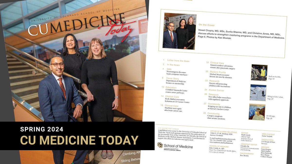 It's Spring! Which means the CU Medicine Today Spring 2024 edition is here! Read about brain-computer interfaces, the importance of mentorship, art therapy for health care professionals, and more ⬇️ medschool.cuanschutz.edu/deans-office/c…