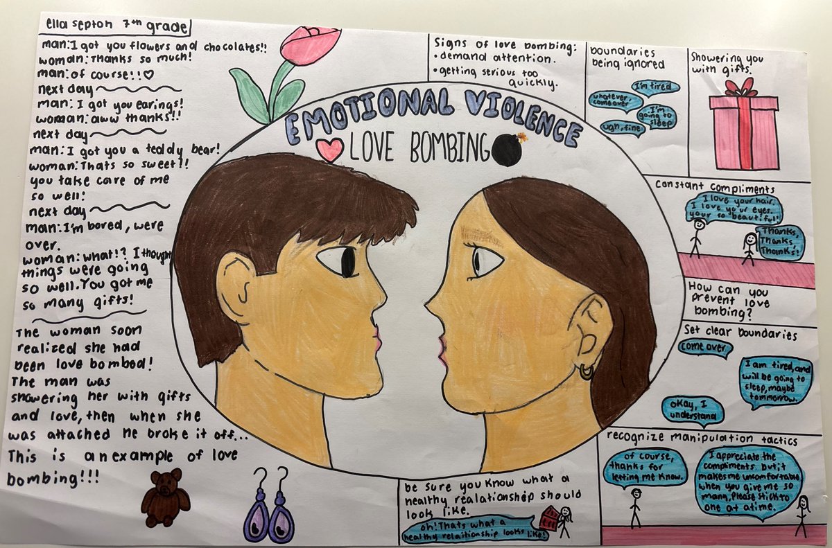 The Third Place poster winner for our annual Teen Dating Violence Awareness Month contest is...7th grade student, Ella Septon! Take a look at this detailed and informative poster! #youthvoices #createchange