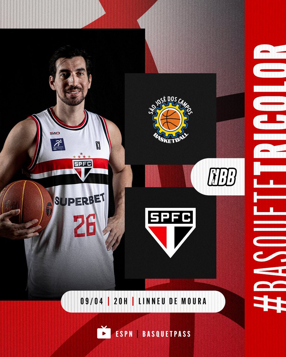 Hoje tem #BasqueteTricolor pelo NBB! 🆚 São José 🗓️ 09/04 ⏰ 20h 🏟️ Linneu de Moura 📍 São José dos Campos (SP) 📺 ESPN e Basquetpass #VamosSãoPaulo 🇾🇪