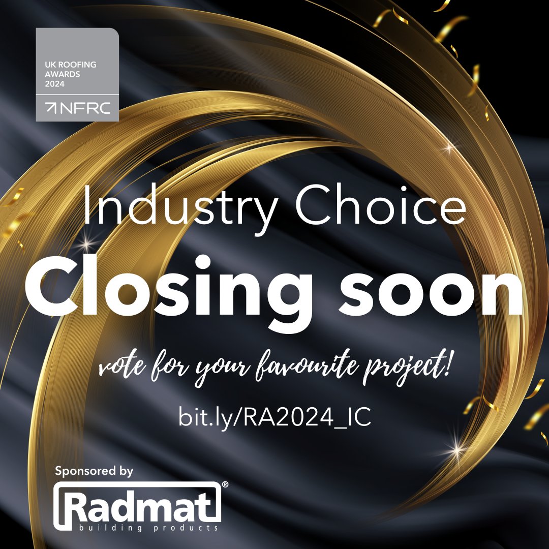 You have until 11pm on Sunday 14 April to vote for your favourite project in the Industry Choice Award, sponsored by @RadmatOfficial You must register on our awards platform to vote. One vote per person. #RoofingAwards #RA2024