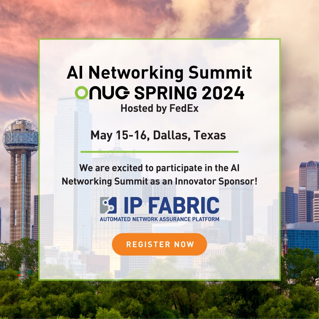 ONUG Spring makes it's welcome return in 2024 and Team IP Fabric will be there as an Innovator Sponsor! Our very own Justin Jeffery will also be hosting a speaking session that you won't want to miss. More info here -> link.ipfabric.io/4cNMau3 #ONUGSpring #NetworkAssurance