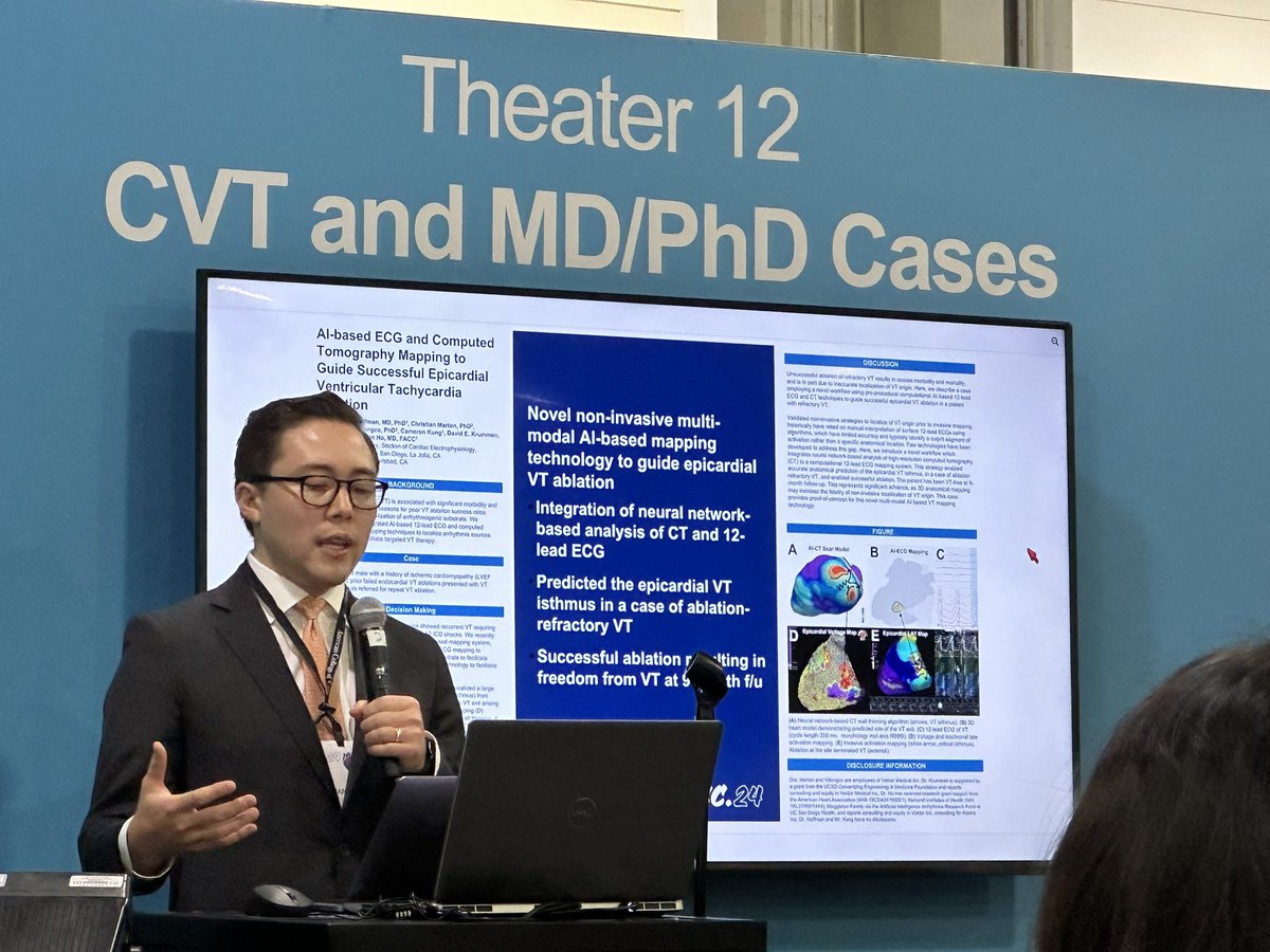 Proud of 1st year UCSD gen cardiology (future EP) fellows Kevin Sung and Benjamin Hoffman for a spectacular job presenting oral posters at #ACC2024 on our work: AI-based CT and ECG mapping to guide epicardial VT catheter ablation & surgical VT ablation! @UCSDCardiology #epeeps