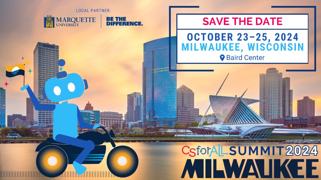 The eighth annual #CSforALLSummit will be held in Milwaukee with our local partners @MarquetteU and the @WisconsinDPI this October 23-25, 2024! Get ready to immerse yourself in a world of innovation, collaboration, and inspiration with the national #CSforALL Community.