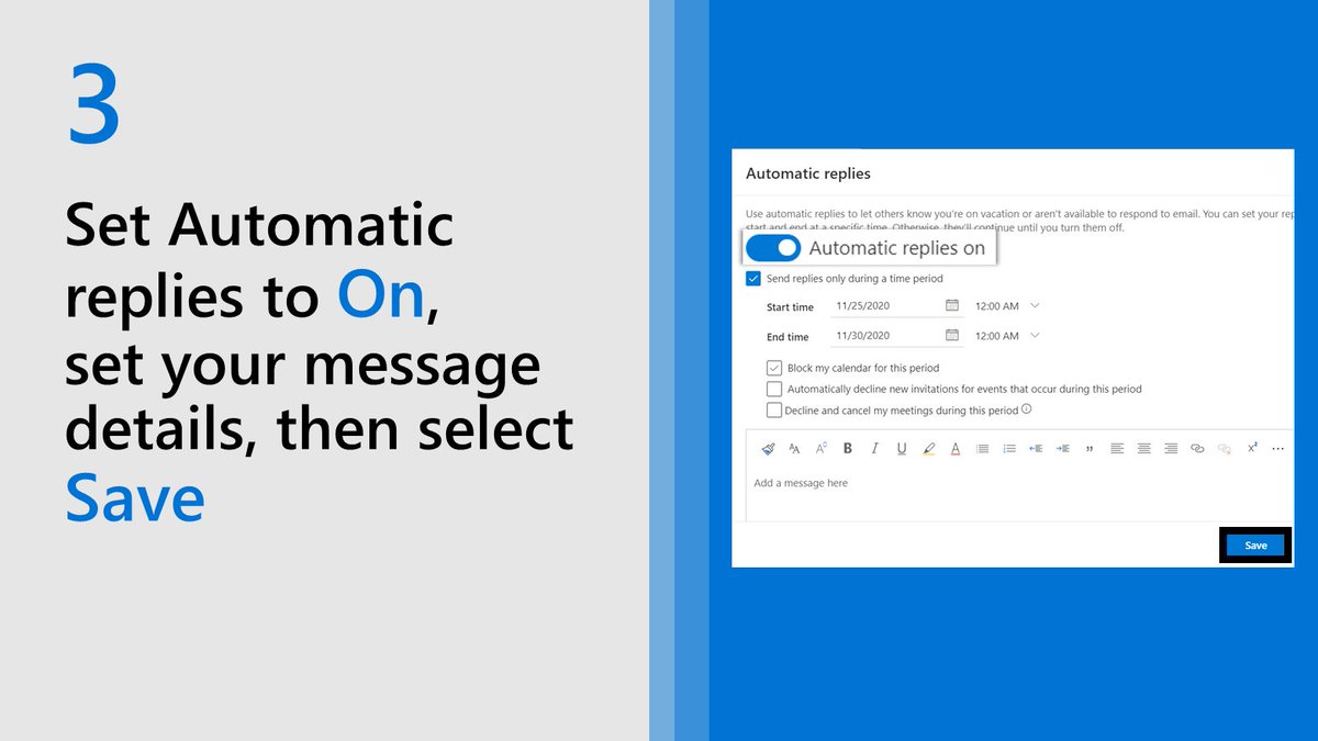 Let everyone know when you'll be away with an out-of-office message. Set up automatic replies: msft.it/6011cNxaB