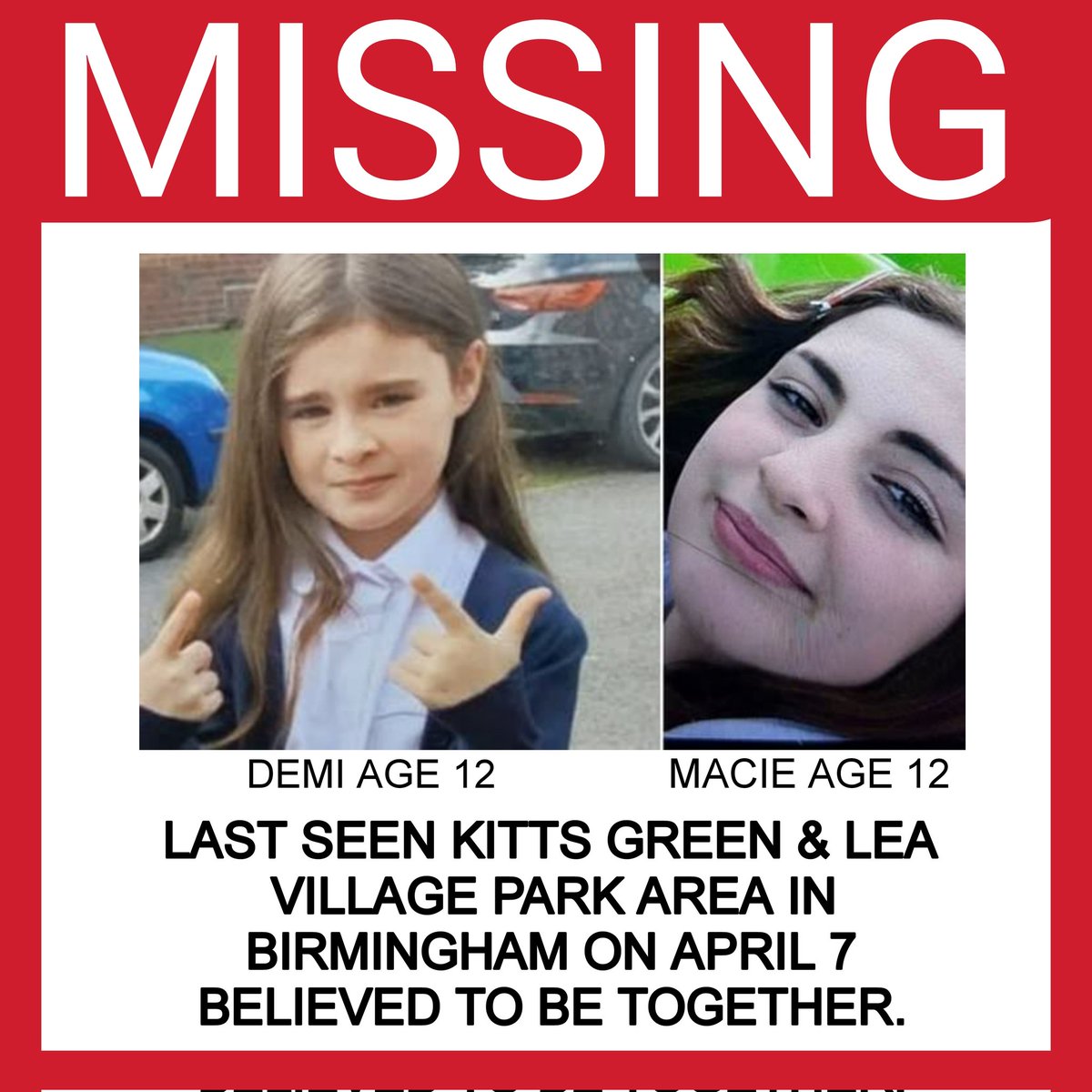 Two 12 year old girls are missing in Birmingham. Police have launched an urgent appeal to find them & there are concerns for their welfare The public have been urged to call 999 if they spot them #Birmingham #Brum #KittsGreen #LeaVillage #ChelmsleyWood #Sheldon