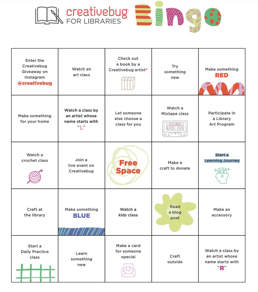 Happy National Library Week! Enjoy FulcoLibrary CreativeBug Bingo sheet at tinyurl.com/5c24z4m4 to discover all the amazing services offered by your local library. Participate and start a learning journey! Win a BINGO at your local library!

#Nationallibraryweek #NLW2024
