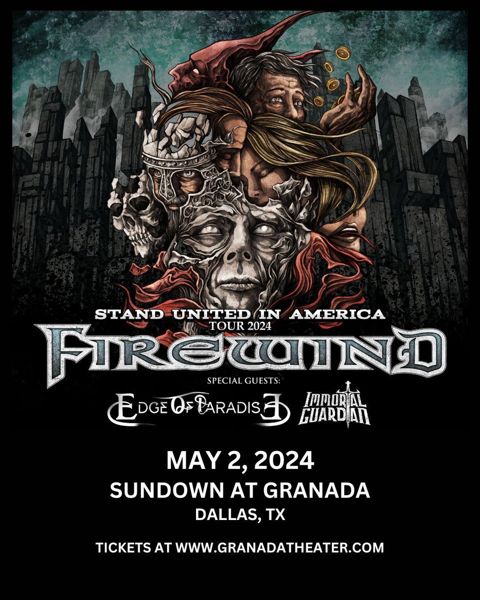 📣 Dallas! @firewindmusic with @edgeofparadise & Immortal Guardian play Sundown at Granada on May 2nd 🎶 Doors at 8:00pm, showtime at 8:30pm ⚡ 21 & up 🎟️ buff.ly/46pljjN