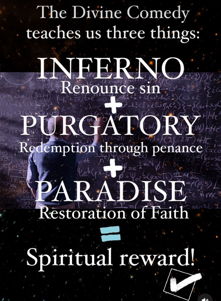 #DivineComedy teaches us three things: 
#Inferno: renounce sin
#Purgatory: redemption through penance 
#Paradise: restoration of Faith 
The sum of these parts is spiritual reward in the glorious heavens!
#Dante #DivinaCommedia