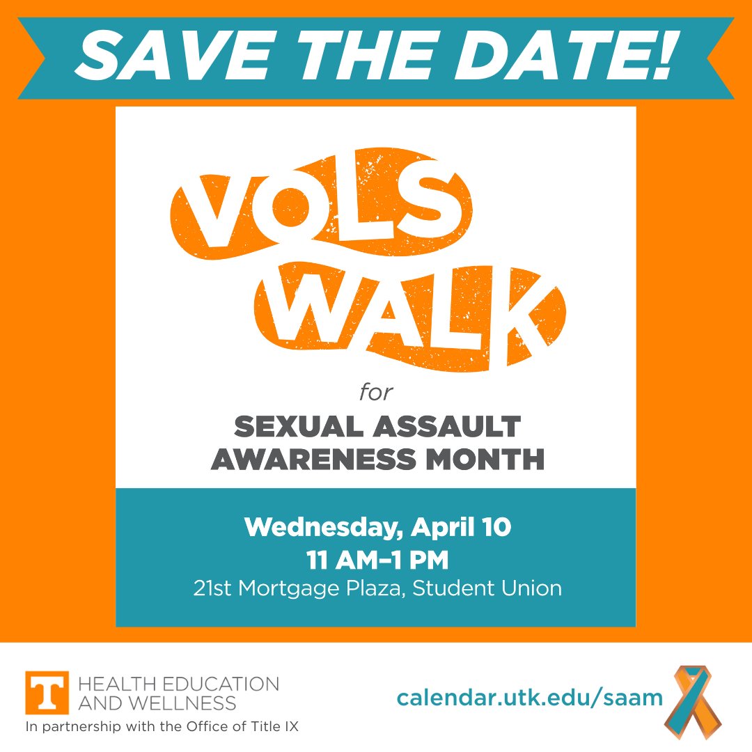 Join the Center for Health Education and Wellness and the Office of Title IX for Vols Walk for Sexual Assault Awareness Month! After the walk, enjoy lunch from CJ's Tacos, take home some event swag, and engage in educational activities. To learn more visit calendar.utk.edu/saam