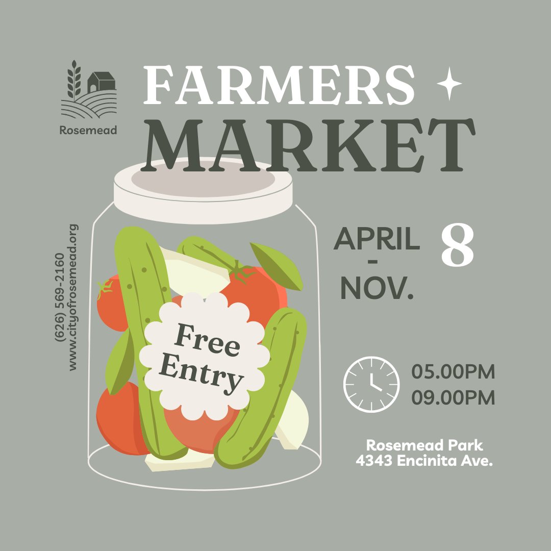 🍎Come experience the vibrant energy of Rosemead's Farmers Market every Monday night from 5:00PM-9:00PM at Rosemead Park! For more info, call (626) 569-2160 or visit ow.ly/JbqE50R1H1m. #RosemeadFarmersMarket #CityofRosemead #RosemeadPark #SupportLocalBusinesses