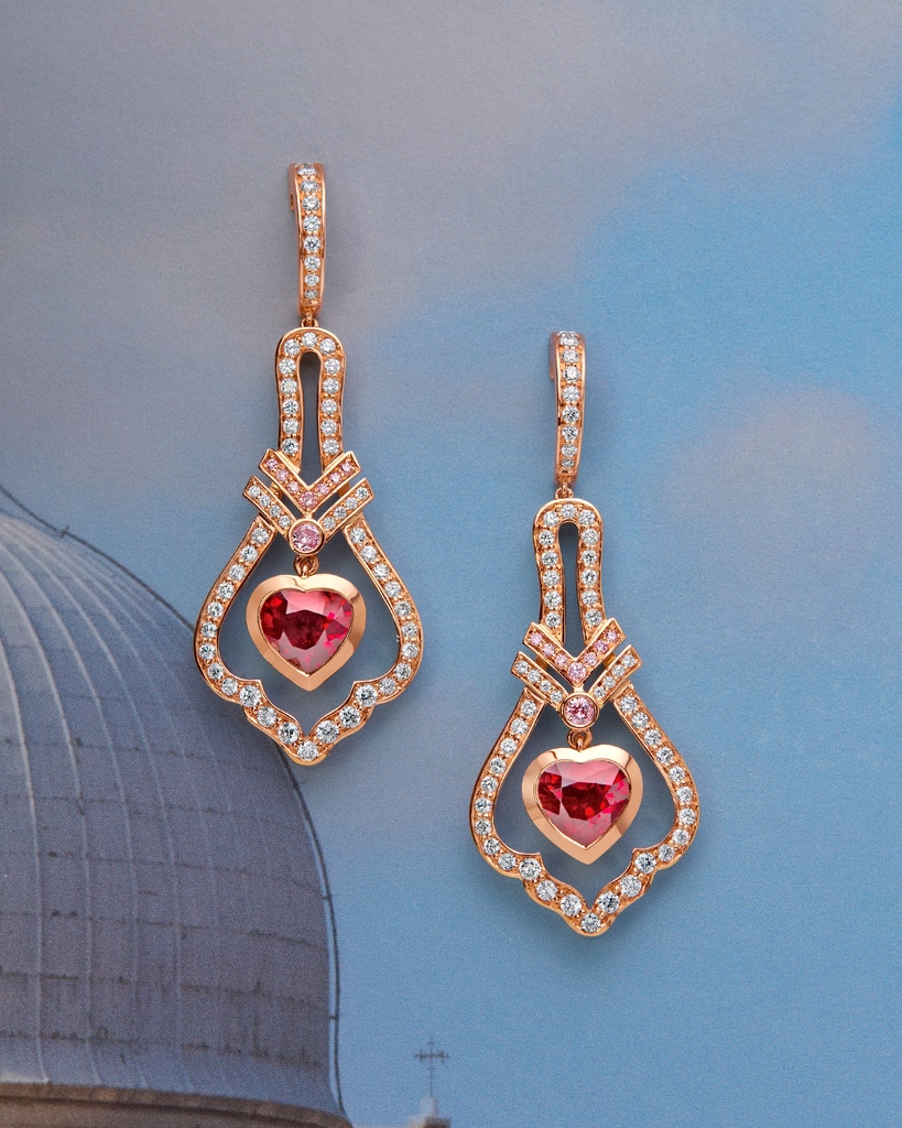 The 'Venice' earrings feature pink diamonds and heart shaped rubies, that shimmer like the charming canals of the Italian city. ⁠ #Boodles #AFamilyJourney #Venice⁠