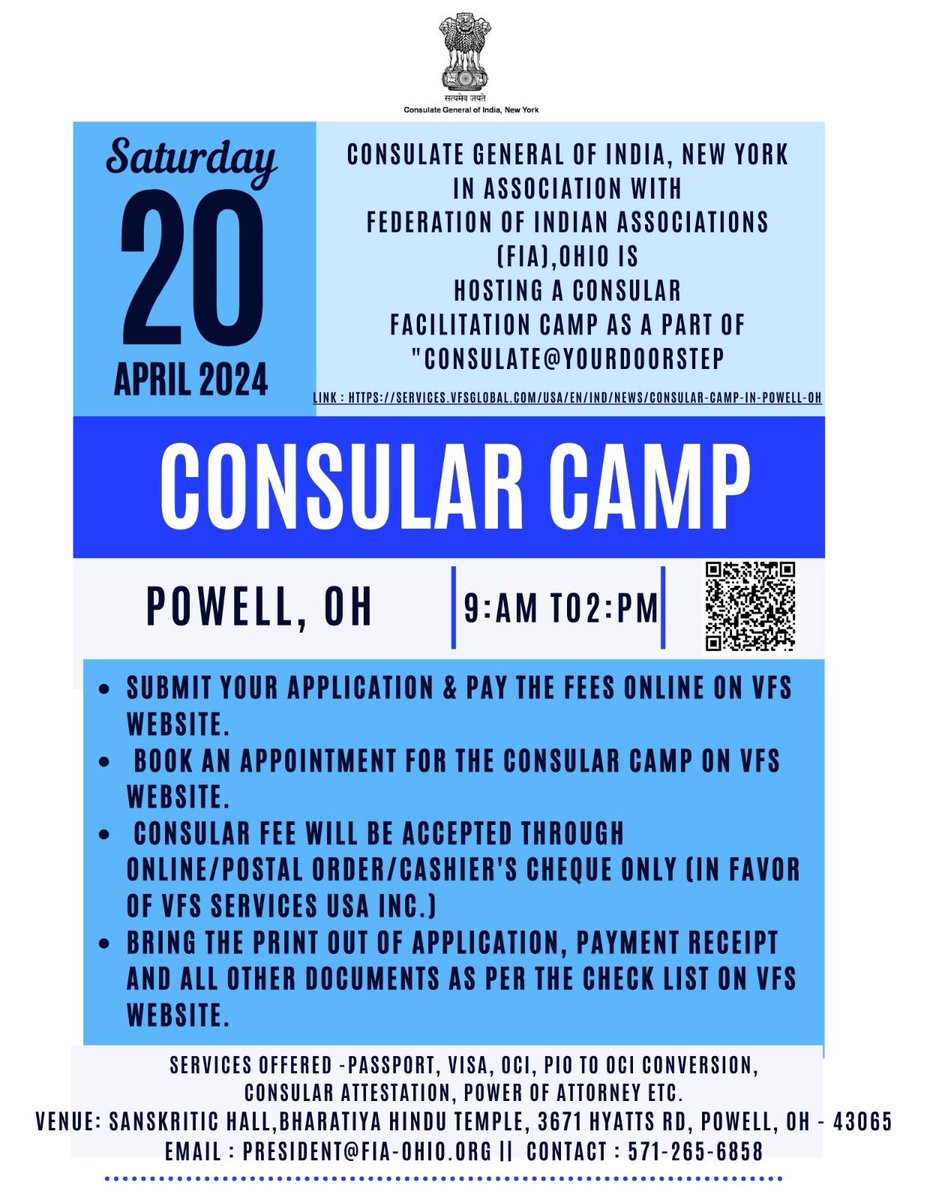 Consulate@YourDoorstep!#ConsularCamp Consular Facilitation Camp at Powell, OH on April 20, 2024 between 9:00 am to 2:00 pm. For more information- SERVICES.VFSGLOBAL.COM/USA/EN/IND/NEW… @MEAIndia @CPVIndia