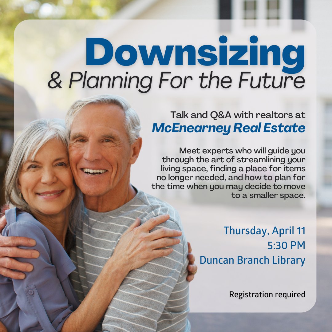 Join us Thursday at Duncan for a talk and Q&A with @McEnearneyAssociates realtors. Get expert insights on how to declutter, downsize, and achieve a simpler, more organized and stress-free lifestyle. RSVP now to learn how to simplify your space! alexlibraryva.org/event/10385628