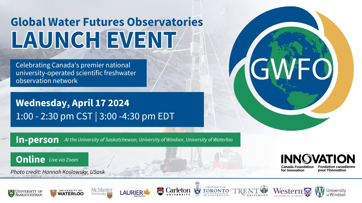 Join us for a nationwide launch of the @InnovationCA-supported Global Water Futures Observatories, Canada’s premier national university-operated scientific freshwater observation network! 📅Wed, April 17🕐1 pm CST | 3 pm EDT Register online or in person: gwf.usask.ca/events/2024/04…