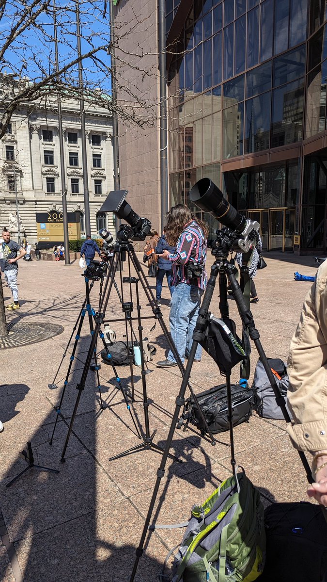 Photographers are ready in @CLEPublicSquare to capture the #SolarEclipse2024 as the #PathOfTotality is through #Cleveland! ☀️🌚 #thisiscle