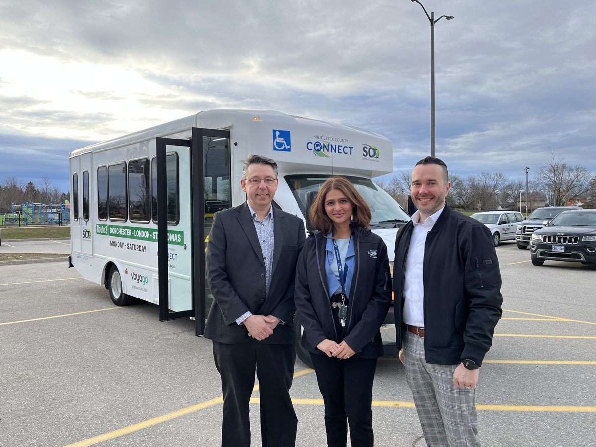 Today marks a milestone as we proudly launched our Route 3 bus, connecting Dorchester to London to St. Thomas with Warden Aina DeViet, Mayor Joe Preston, Mayor Sharron McMillan, Deputy Mayor Michelle Smibert. For routes and schedules, go to ➡️ middlesex.ca/ct