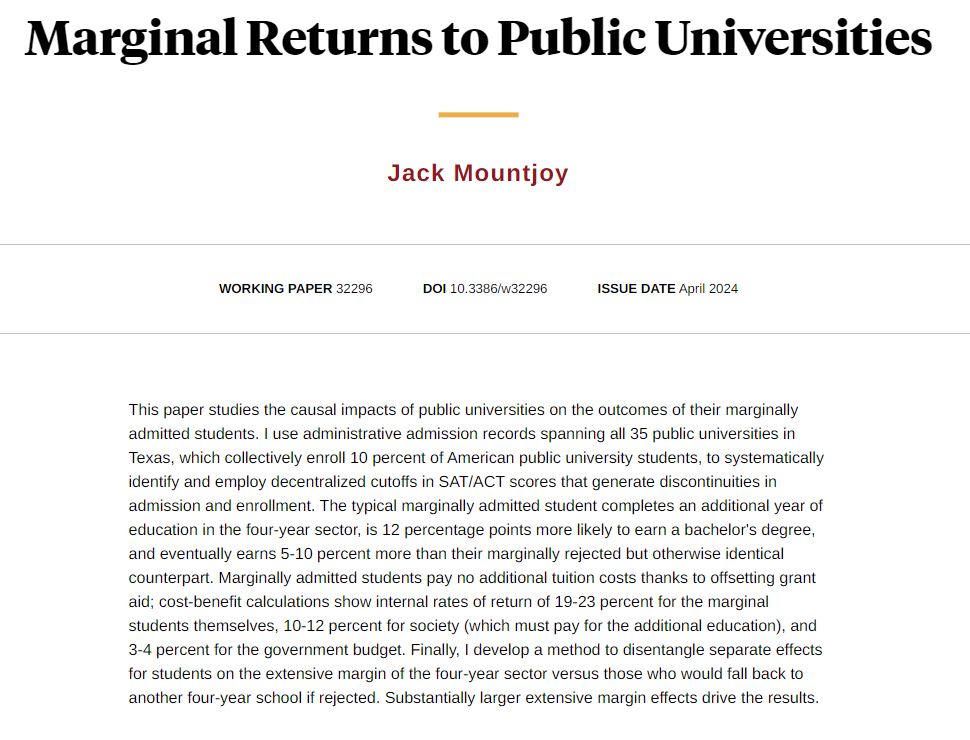 Many public universities use admission cutoffs to ration offers. Admitting the marginal students around these cutoffs in Texas pays off for the students and taxpayers, from Jack Mountjoy nber.org/papers/w32296