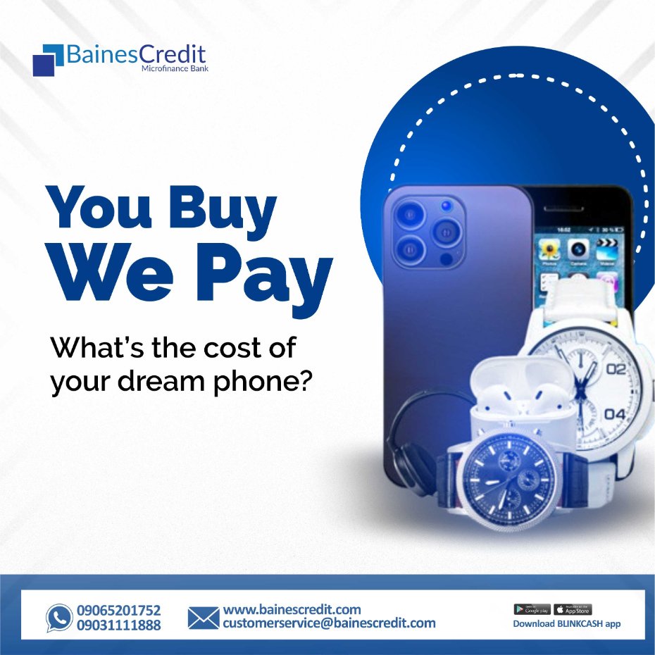 Imagine getting that new phone with no upfront payment! Buy now and pay later With BainesCredit Asset Finance. 
Benefits:
-Flexible payment plans
-Affordable interest rates
-Gadget insurance included
-Easy access to your dream device.
#bainescreditmfb #gadgets #assetfinance #loan