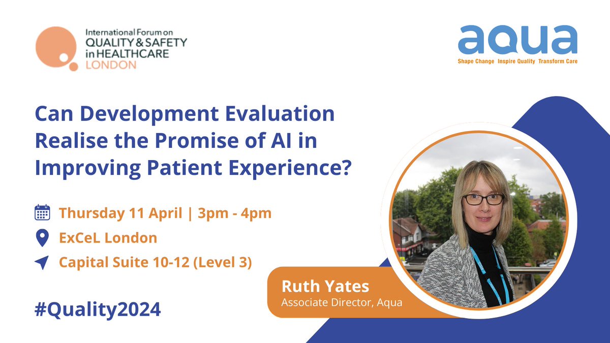 Join <a href="/RuthYatesAQuA/">Ruth Yates</a> at #Quality2024 in London this week.

Her session covers how artificial intelligence can help when implementing quality improvement initiatives.

📅 Thu 11 April | 3pm – 4pm
📍 Capital Suite 10-12 (Level 3)

<a href="/QualityForum/">Quality Forum</a> #AquaAtQuality2024