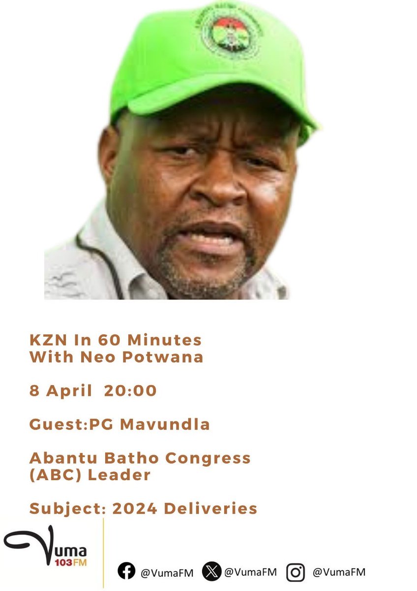 #KznIn60Minutes with @PotwanaNeo 20h00-21h00 Produced by @Zowakha Tonight's Menu! - @AbantuBatho President @pg_mavundla on their 2024 delivery promises - @MkhontoweSizwex court hearing #VumaFM Studio: 086 1010 300 VN: 073 709 1991