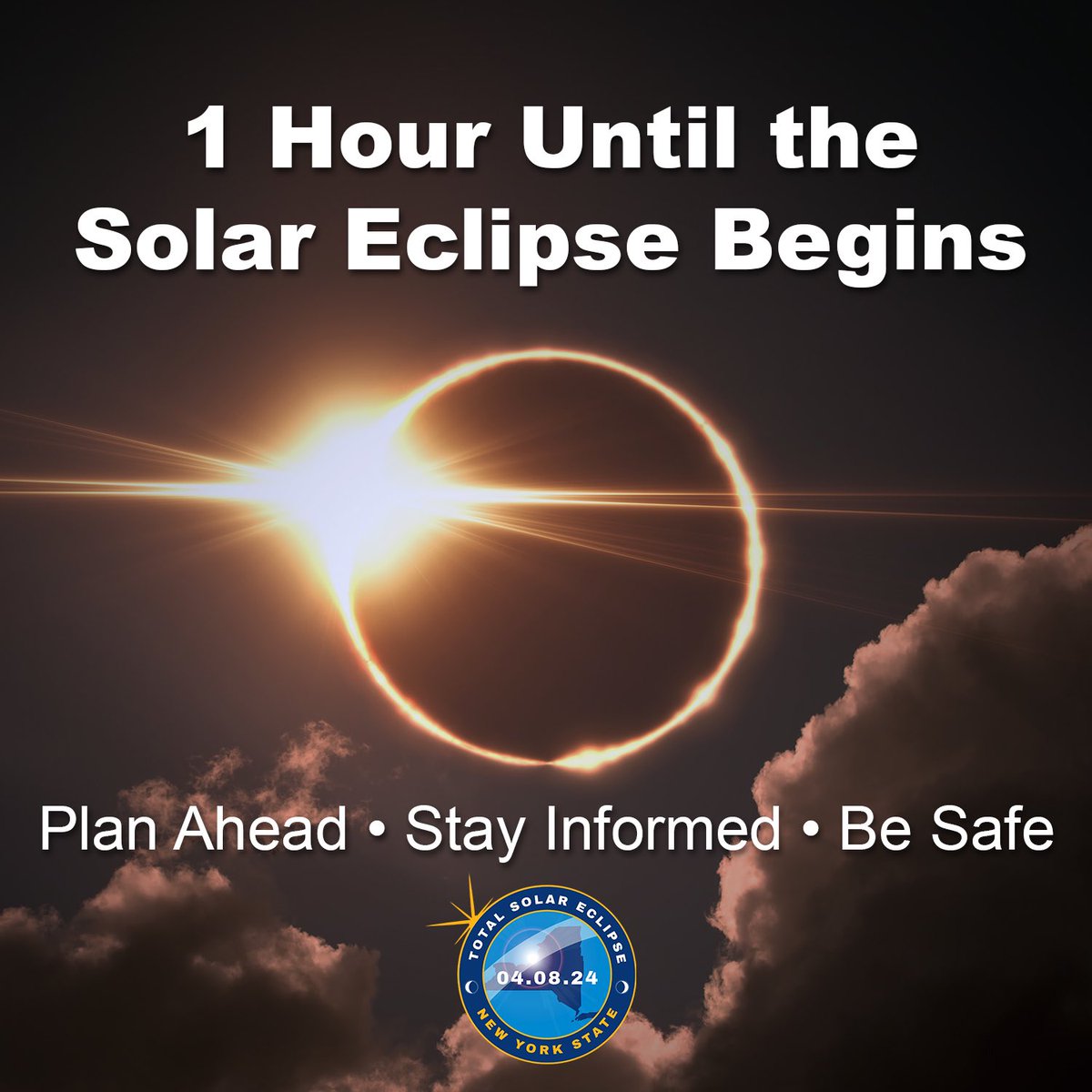 One more hour until it starts getting dark across NYS as the partial eclipse begins. NY is hosting hundreds of thousands of people visiting to watch the eclipse, which means motorists need to watch for a lot more pedestrians before, during, and after the eclipse.