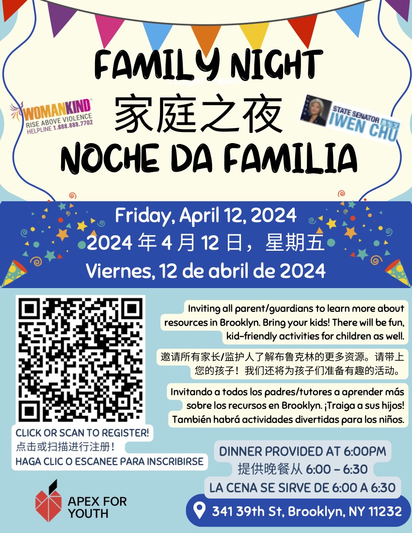 Join us for Family Night with @iamwomankind and @ApexForYouth! Learn about important resources available for families and enjoy the kid-friendly activities!! See you April 12th at 6pm!