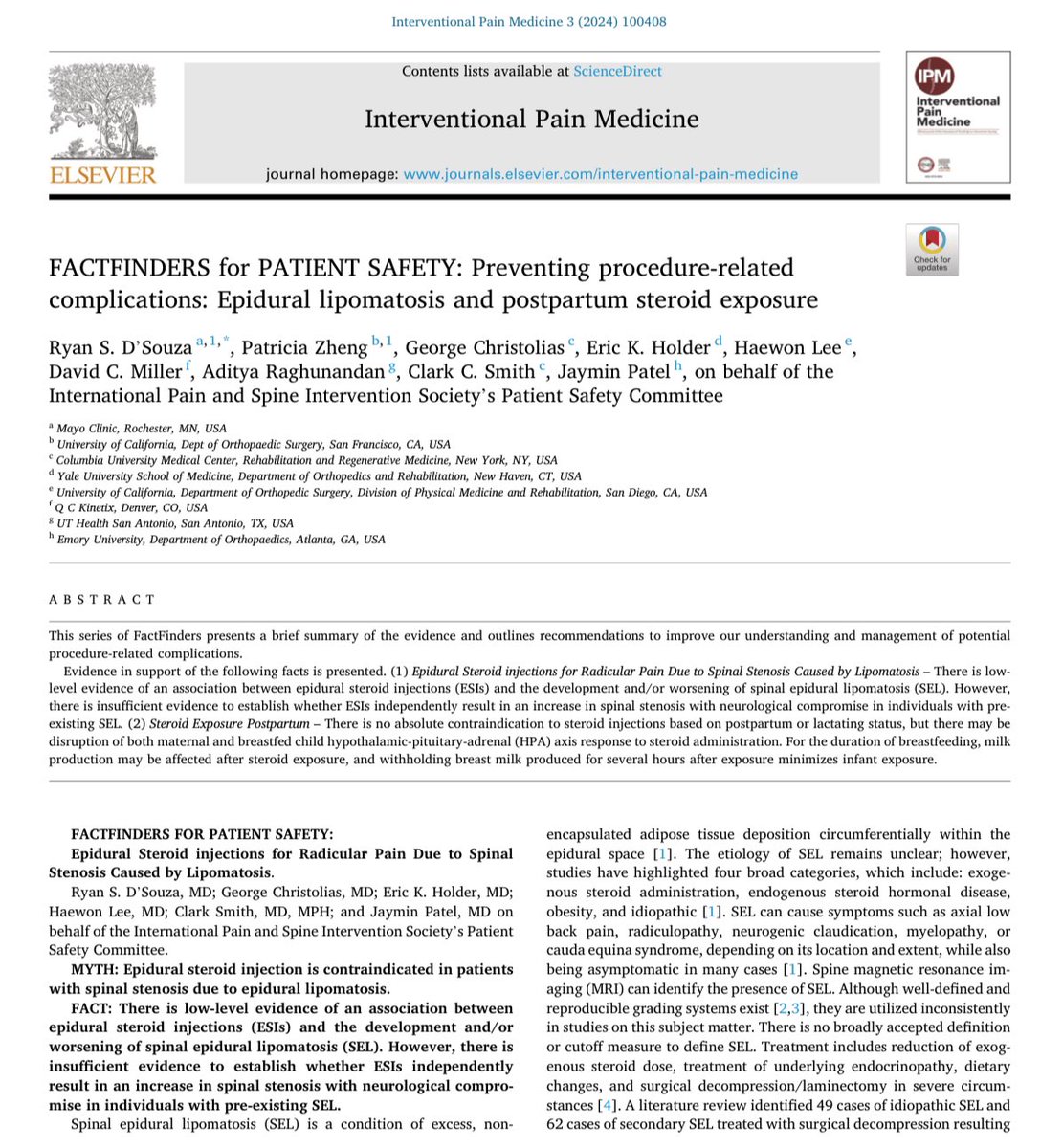 FactFinder in @IPSISMed 👉🏾 Association between ESI and development/worsening of epidural lipomatosis (low evidence) 👉🏾 insufficient evidence if ESI independently results in ⬆️spinal stenosis w/ neurological compromise in those w/ pre-existing SEL authors.elsevier.com/sd/article/S27…