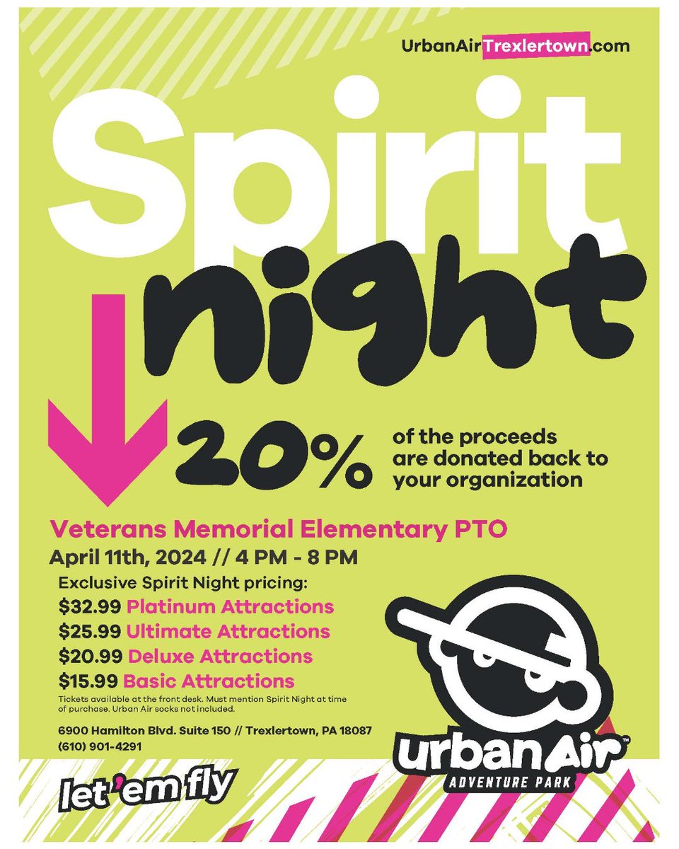 🧦Come out for a fun night of Urban Air fun! Get special pricing and raise funds for the Veterans Memorial PTO at the same time! Visit Urban Air on April 11th from 4-8 PM to join the fun! Prices don't include Urban Air socks! 🧦