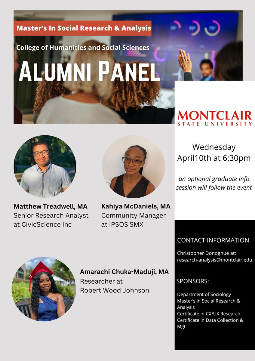 Hear from three outstanding alumni from the MA in Social Research &amp; Analysis at Montclair on Zoom on Wednesday, April 10th at 6:30pm. Message me to rsvp!