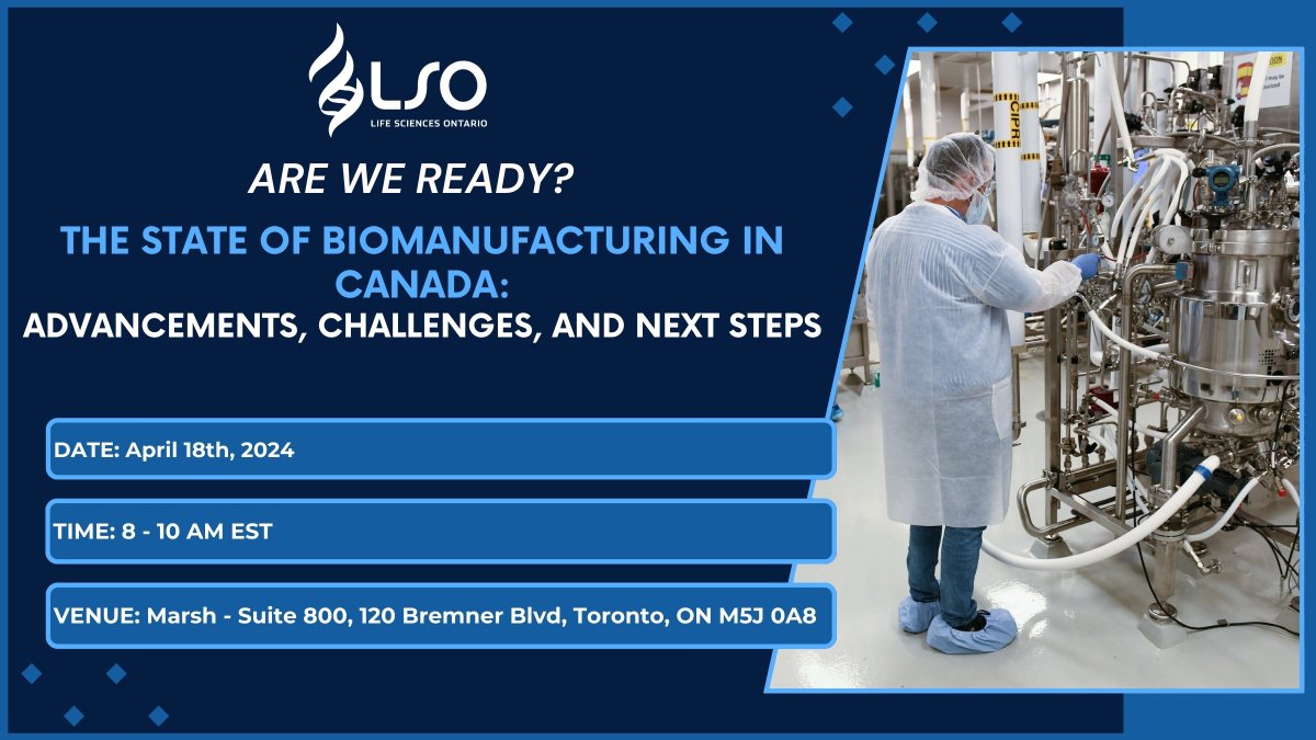 Ignite your morning on April 18th with a thought-provoking breakfast session about Canada's #Biomanufacturing evolution! Date: April 18 2024 Venue: Marsh - Suite 800, 120 Bremner Blvd, Toronto Time: 8- 10 am EST Join us next week: lifesciencesontario.ca/stec_event/lso…