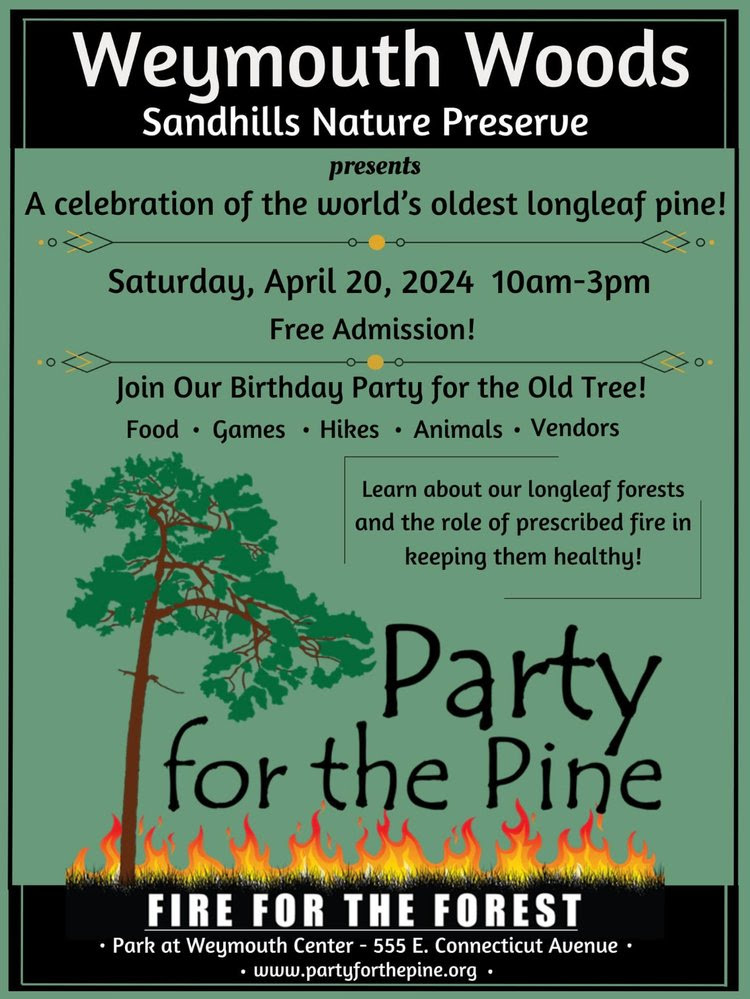 Join us this Saturday to celebrate the oldest known living #longleaf pine, learn how #RxFire keeps the longleaf forest healthy, and appreciate the natural beauty of the Sandhills of North Carolina! This festival is free to attend and open to everyone!
friendsofwewo.org/partyforthepine