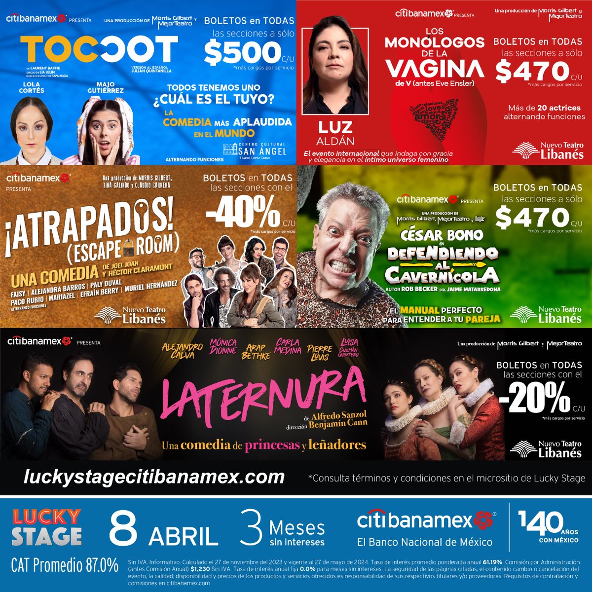 Inicia abril aprovechando los beneficios exclusivos de ser tarjetahabiente @Citibanamex y no te pierdas de las mejores comedias del #MejorTeatro 🔥. #ExperienciasCitibanamex: @toctocobra @MonologosVagMex | @AtrapadosMex @DefendiendoAl | @LaTernuraObra 🎟️ luckystagecitibanamex.com