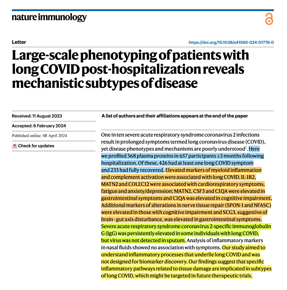 Very interesting new article on Long COVID phenotyping was published in Nature Immunology.

I find this really interesting, because it seems they were looking at mechanisms, not biomarkers specifically, which is more appropriate for therapeutic targeting

nature.com/articles/s4159…